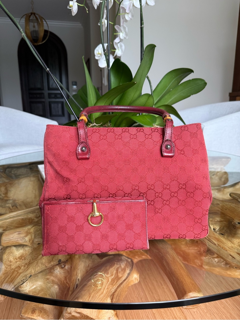 Vintage Gucci Red GG Canvas Tote with Bamboo Accent Handles And Matching Wallet